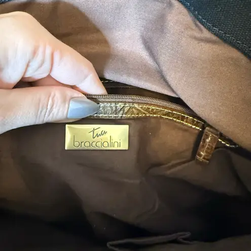 Braccialini Tua Canvas Beaded Embellished Stud Black Tote Brown Leather Detail