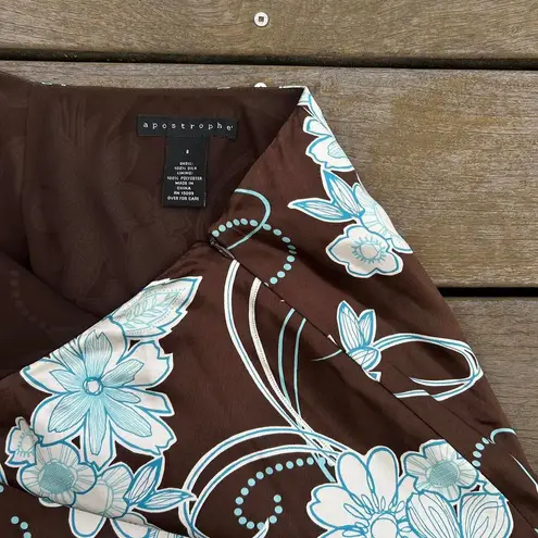 Apostrophe Brown w/ Blue Floral 100% Silk Midi Skirt w/ Asymmetrical Hem