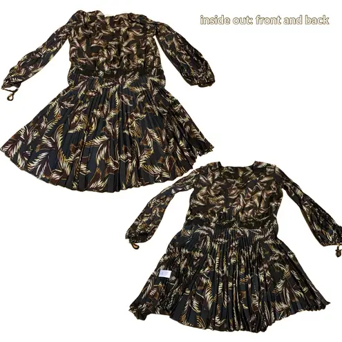 ALC Frank A.L.C. SILK “RORY” PALM LEAF PRINT BLACK & BROWN PLEATED SPLIT SLEEVE DRESS (2)