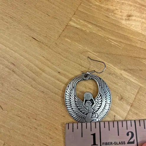Vintage Egyptian Goddess Isis Pewter Dangle Earrings Winged Boho Gray
