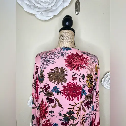 Umgee NTM: Pink & Multicolored Floral Kimino with Fringe Cuffs Size Large