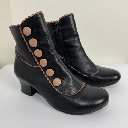 Miz Mooz Fido Ankle Boots Black & Beige Size 8.5 Leather Block Heel Victorian