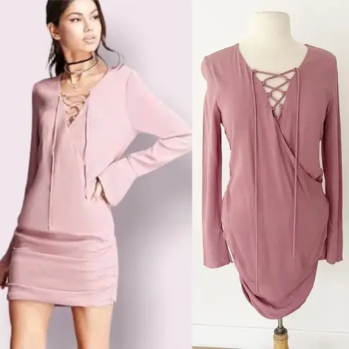 Line and Dot Revolve Lace Up Mauve Pink Ruched Bodycon Mini Dress | XS