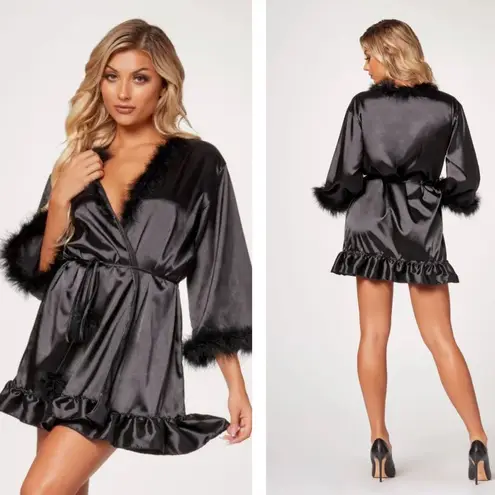 Seven Til Midnight Luxurious Black Satin Robe Ruffles Feather Trim Small NEW