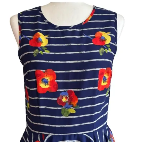 Maison Jules Dress Blue Red Floral Striped Sleeveless Skater Fit & Flare Medium