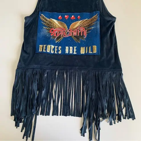 Via Penny Lane Reworked Apparel | Aerosmith Vegas Tour Navy Suede Fringe Vest XS Blue