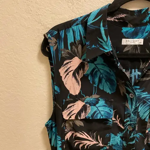 Equipment Tropical Leaf Collared Sleeveless Silk Knee Length Dress Size S