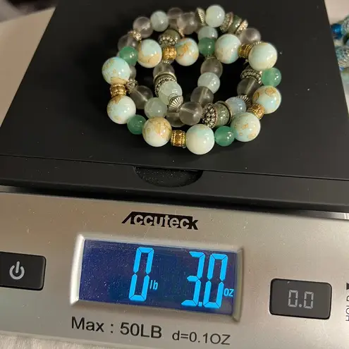 None Handmade Beaded Bracelet Trio Earthy Color Theme Mixed Metal Beads Browns Blues