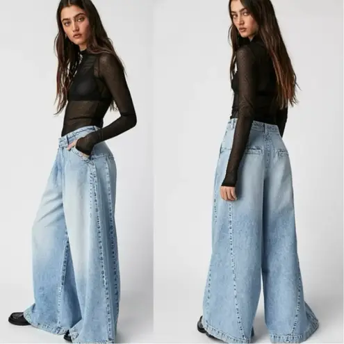 Free People  Equinox Denim Trousers Lake Life Blue 29 Wide Leg Jeans Slouchy