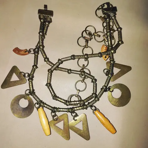 Geometric Shape Charm Belt Vintage Brass Wood Versatile Adjustable Chain Closure Size 36