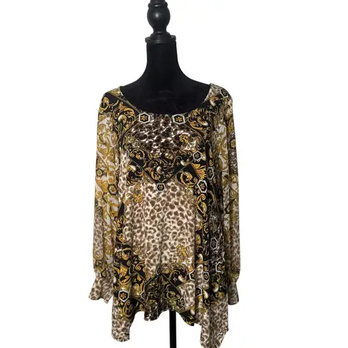 Alfani Blouse Womens 0X Gold Baroque Leopard Print Long Sleeve Statement Piece Black