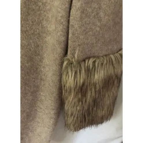 Boston Proper Tan Knit Pullover Turtleneck Dress with faux fur sleeve ends Sz L