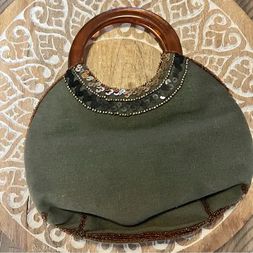 Vintage olive green beaded crescent moon bag