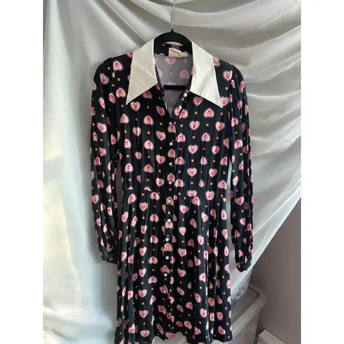 Joanie Pearl Button Collar Folk Heart Black Midi Dress 12 Femme Romantic Granny Size 8