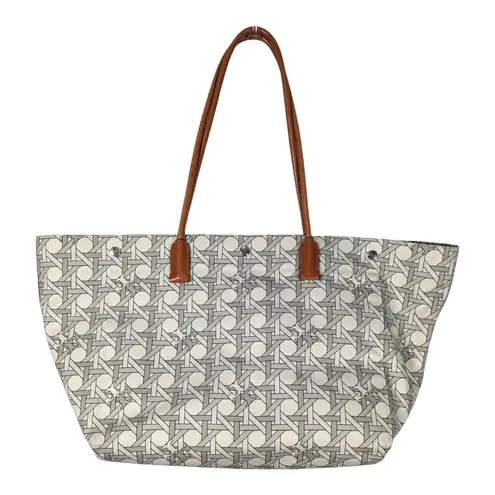 Tory Burch  Canvas Basketweave Tote New Ivory Cotton Leather Handles Medium Size