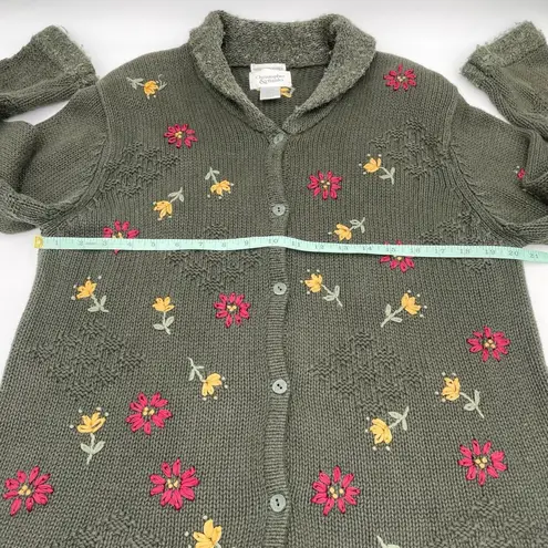 Christopher & Banks Vintage  Hand Embroidered Cardigan Sweater Olive Green Floral