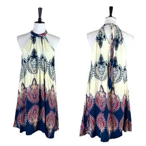 Jaase Boho Halter Tie Neck Swing Dress Cream Blue Multi Women’s Size Small