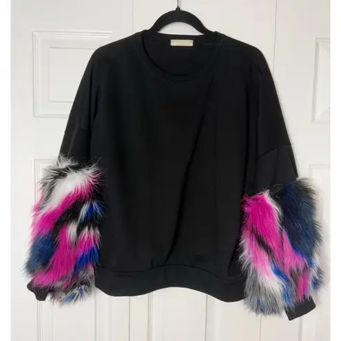 Flamant Rose Black Sweatshirt Faux Fur Multicolor Cuff Sleeve Crewneck Large