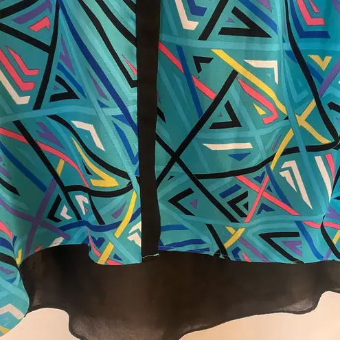 Nicole Miller Womens Sheer Blouse M Medium Black Teal Blue Pink Yellow Abstract