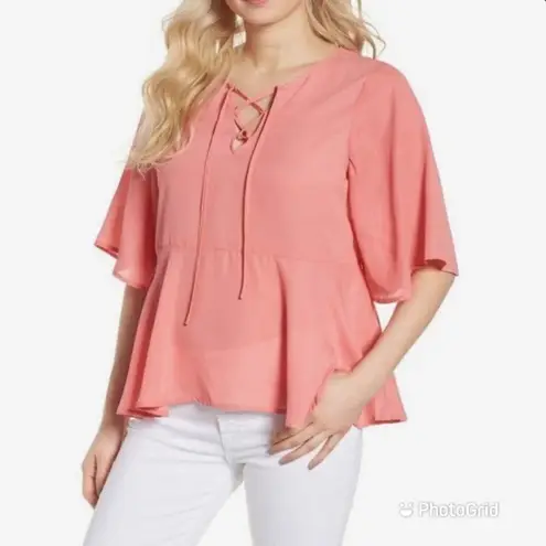 Coral Pink Lace Up Peplum Top Blouse Short Flutter Sleeve Flowy XS X