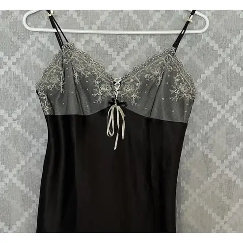 Delicates Vintage Medium Black Cream Lace Nightgown Slip Maxi Dress Goth Witchy