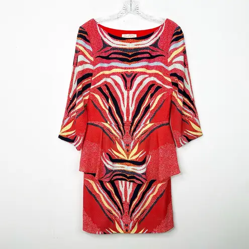 Mara Hoffman | Phoenix Red Print Boho Peplum Waist Mini Length Dress Sz. 8