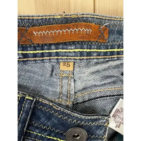 Yanuk Visionary Stitch Medium Wash Blue Jeans Size 25 Flare Boho Casual Raw