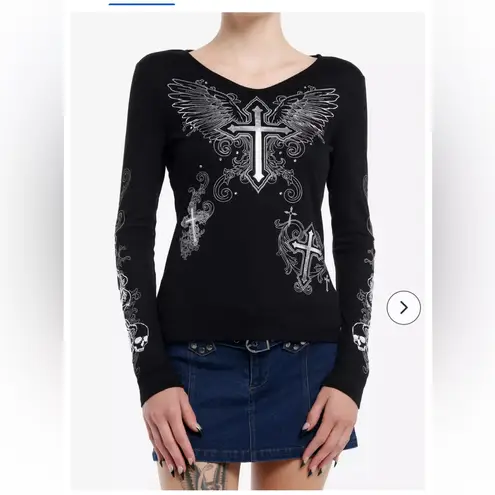 Social Collision Black Cross Wings Graphic Long Sleeve Tee Size XL