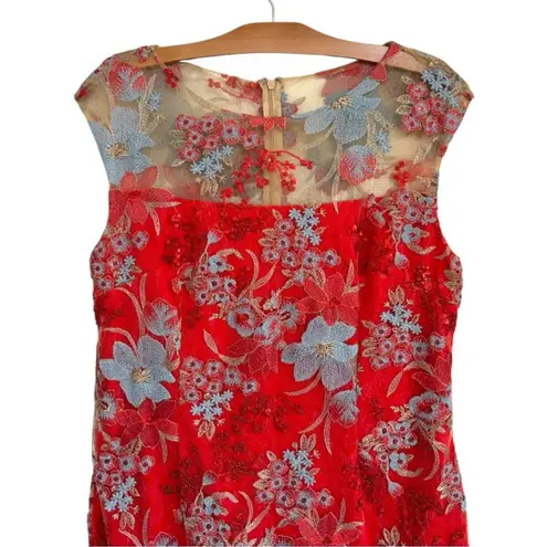 Boston Proper Red Floral Embroidered Midi Dress Flared Hem Sz 18 Mesh Overlay