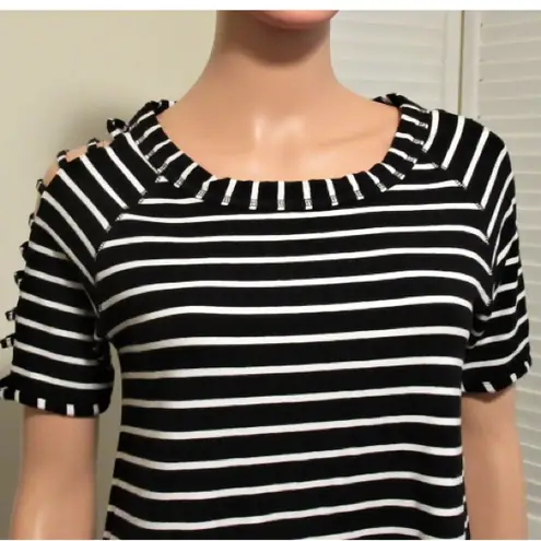 August Silk Size Small Striped Cold Shoulder Shift Dress Short Sleeve NWT Jersey