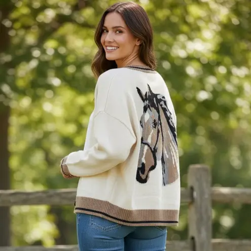 NWT Cream Horseback Knit Varsity Cardigan Sweater Jacket Horse Motif Large Brown