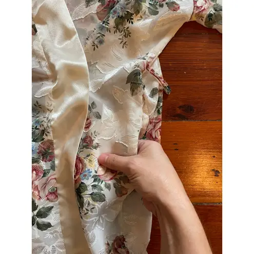 Vintage Kathryn Sheer Floral Lace Kimono Robe Duster Cover Up Satin Size Small
