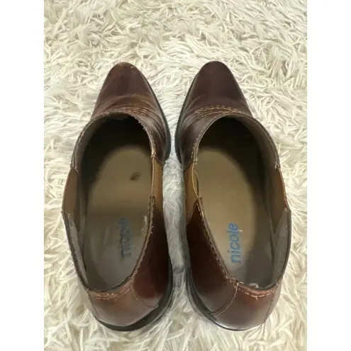 Nicole Brown Leather Ankle Boots Chelsea Style Block Heel Western Stitch Sz 6