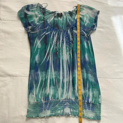 Y2K blue green tie dye sublimation print semi sheer bubble hem top rhinestones Size M