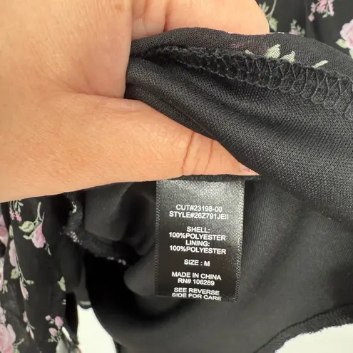 ROW A Black Pink Floral Ruffle Tiered Mini Dress Short Sleeve Square Neck M Size M