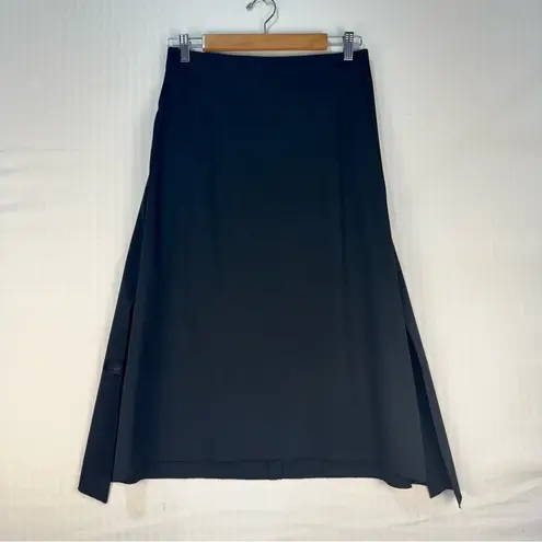 Entsou Elegant Solid Black Midi Skirt Women's 12 Asymmetrical Hem Ribbon Trim