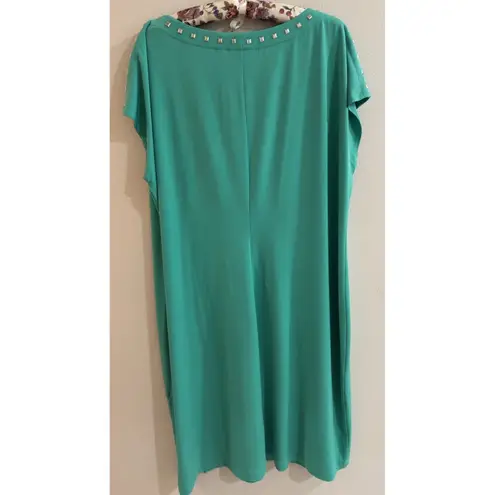 Susan Graver Green Liquid Knit Gold Studded Short Sleeve Shift Dress 1X Career