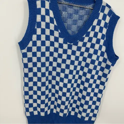 Blue Checkerboard V Neck Sweater Vest Size 1XL Grunge Streetwear Plus Size Boho