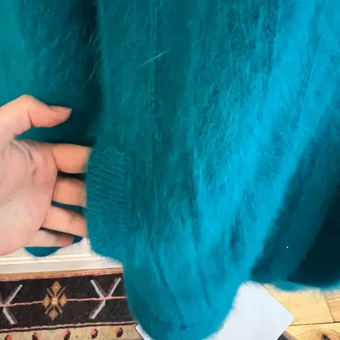 Vintage Teal Angora Blend Oversized Cardigan Open Front Knit Sweater Coat XL Blue