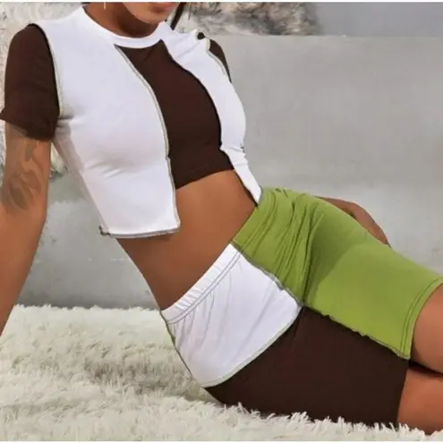 Cider Y2k Lime Green & Brown Colorblock Patchwork Skirt Set Medium Cute