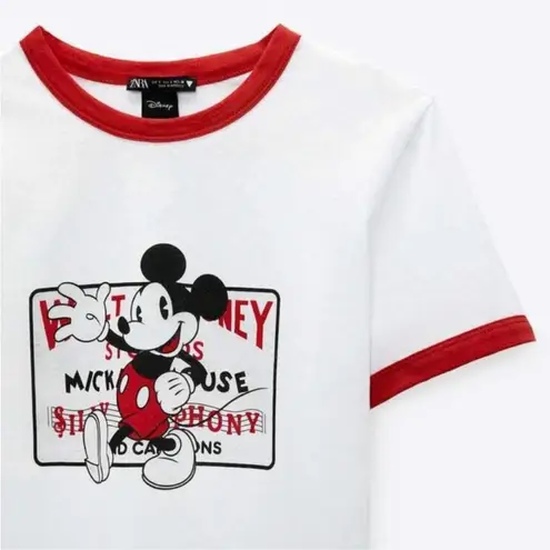 ZARA x Disney RARE Mickey Mouse Graphic White & Red Ringer Shirt Top Size Small