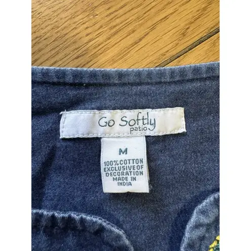 Go Softly Patio Denim Mumu Dress Zip Front Fruit Embroidered Pockets Size Medium Blue