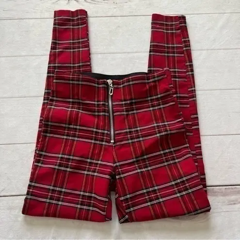 ZARA  Tartan Plaid Zip-up Skinny Pants with Ring
Pull Medium Red Black XS…