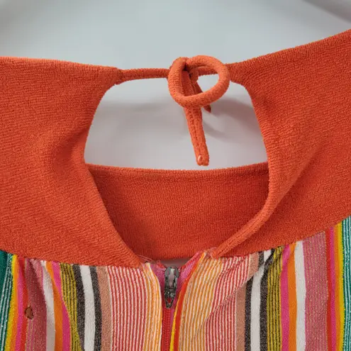 VTG Sears 70s Multicolor Striped House Coat Small Orange Robe Keyhole Back