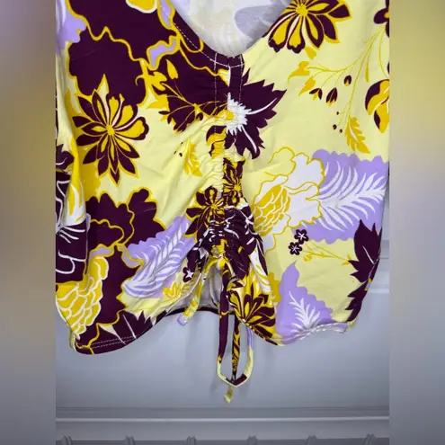 Maeve Anthropologie Purple and Yellow Floral Flutter Sleeve Cinched Top