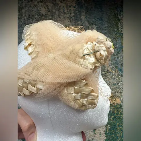 Vintage woven face veil floral bridal wedding headpiece hat Tan
