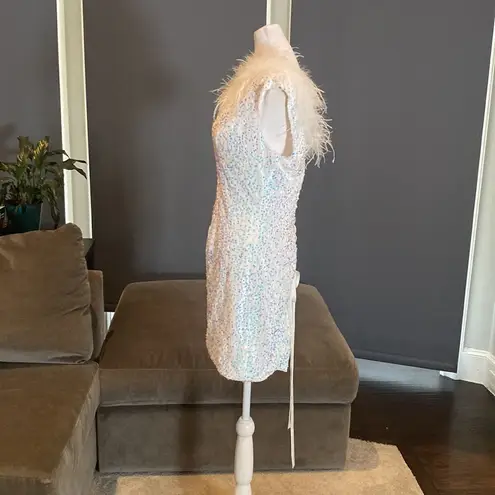 White Short Feather Sequin One Shoulder Prom Party Dress CorsetBack Size 12 NWOT
