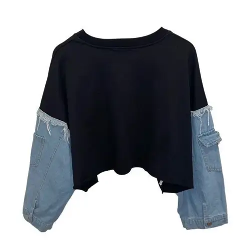 JW & NW Womens Denim Cropped Sweatshirt Black Blue Size OS