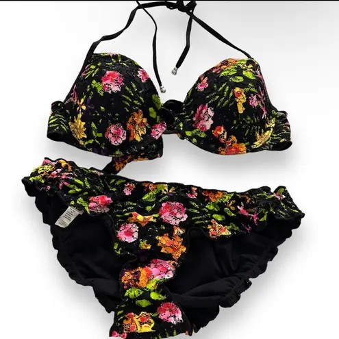 None Vtg black floral tropical colorful bright push up top lettuce trim bikini set