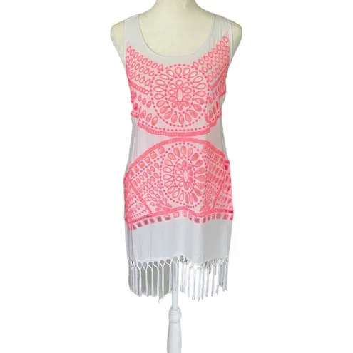 Solitaire Swim women's small pink and white racerback fringed swimsuit cover-up